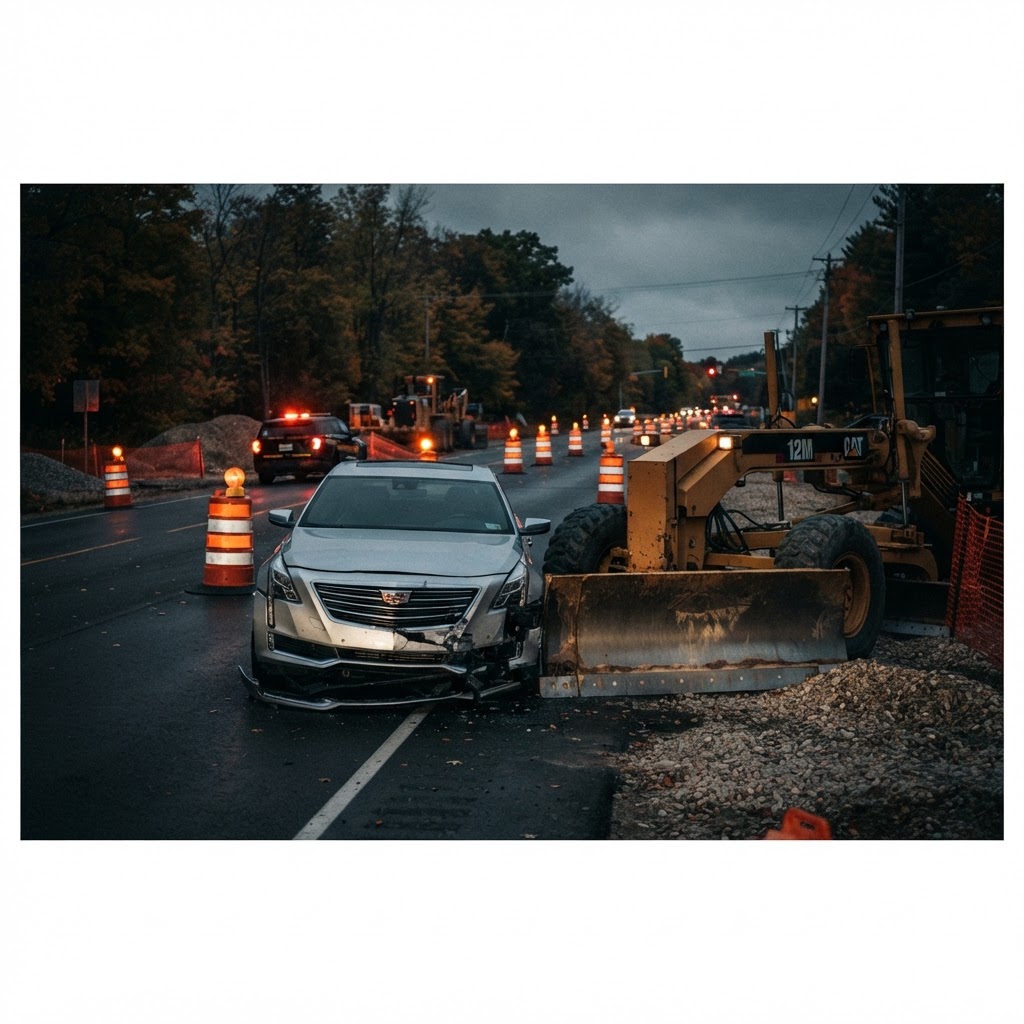 Abstract editorial illustration for: Traverse City Crash: Unoccupied Cadillac Hits Construction Equipment