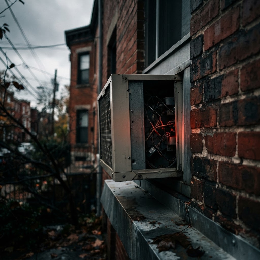 Abstract editorial illustration for: Amana Through-the-Wall ACs, Heat Pumps Recalled Over Fire Risk
