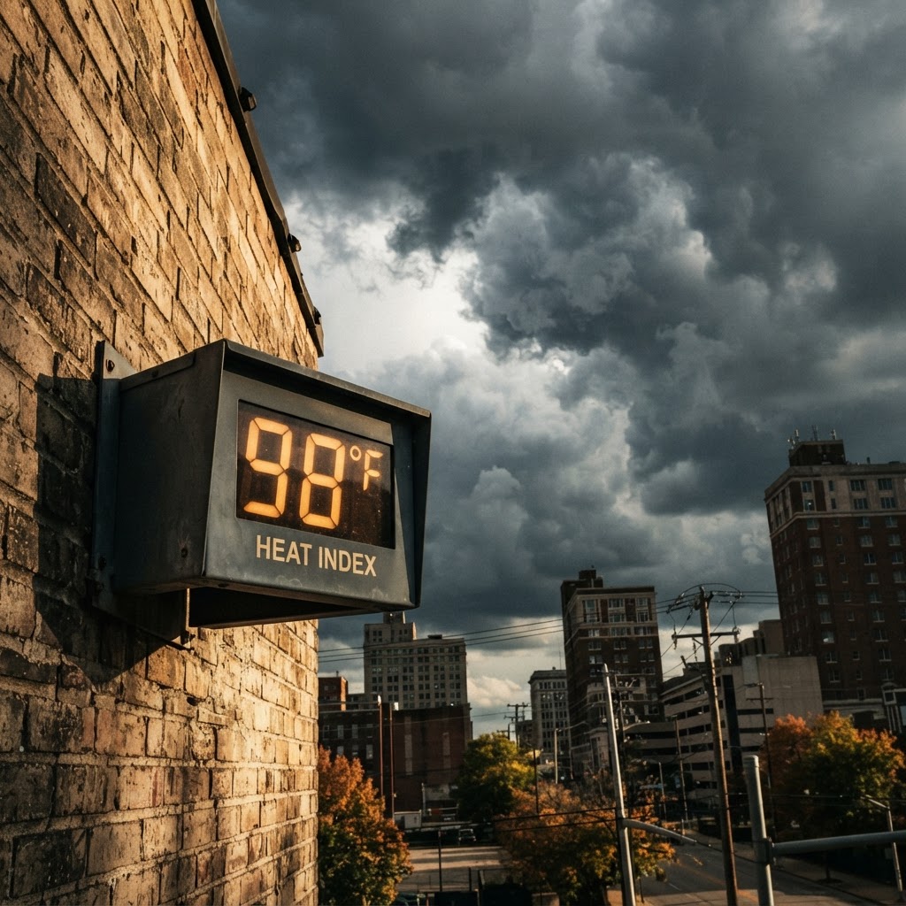 Abstract editorial illustration for: Indianapolis Heat Wave: Triple-Digit Indices and Severe Storms Expected Saturday