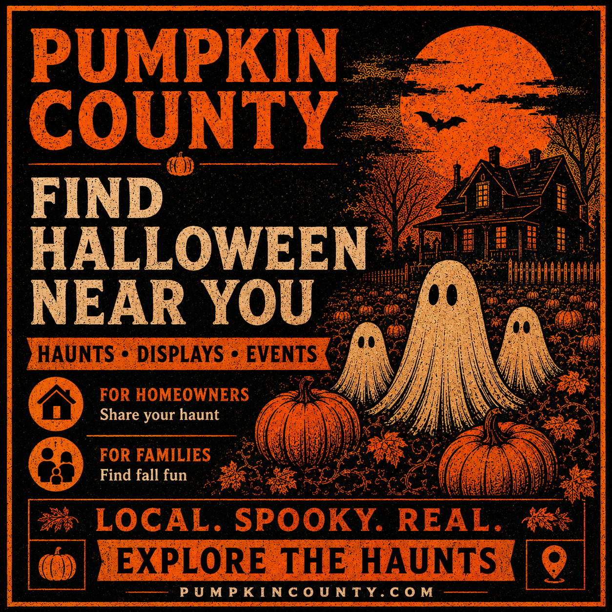 Pumpkin County — Find Halloween Near You. Haunts, displays and events. For homeowners: share your haunt. For families: find fall fun.