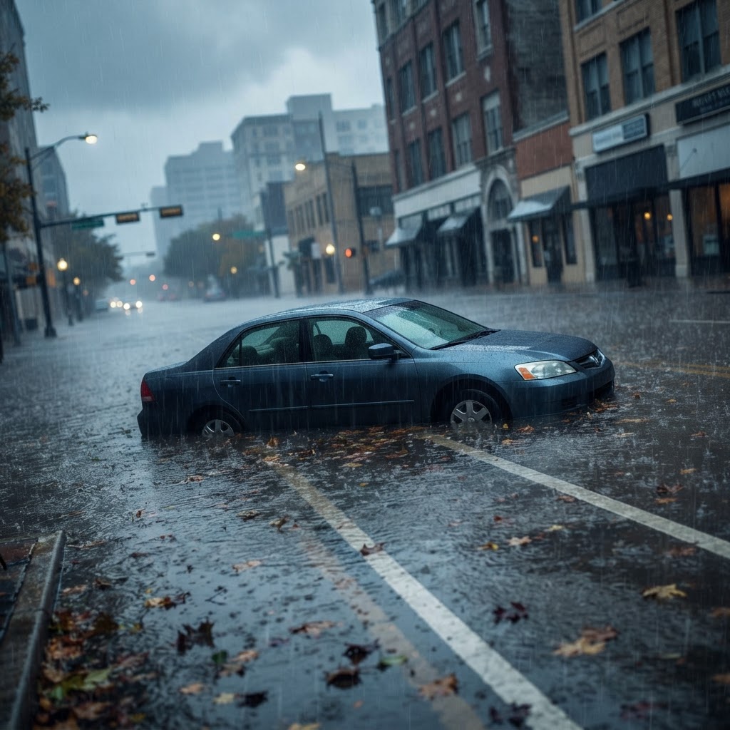 Abstract editorial illustration for: 20 Inches of Rain Expected Across East Texas as Tropical Depression Edouard Stalls