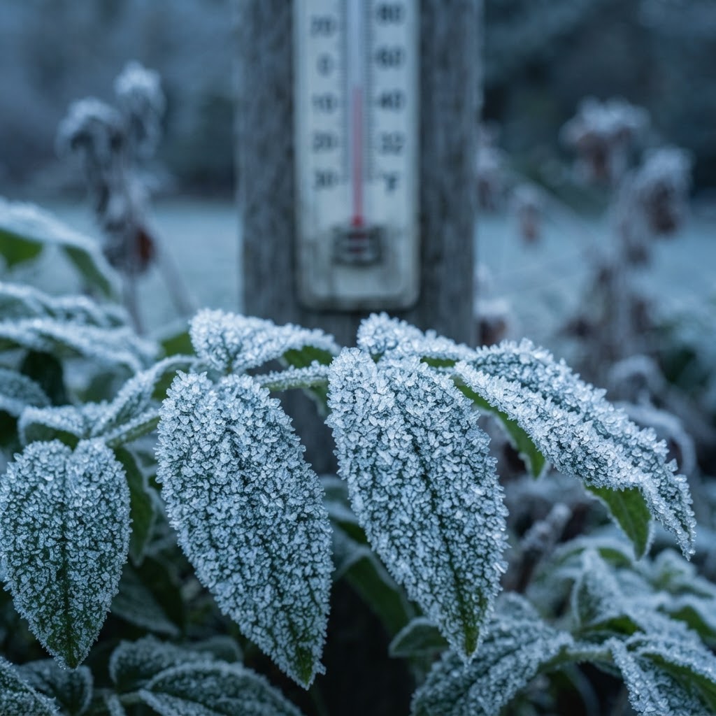 Abstract editorial illustration for: Medford, Oregon Region Braces for Frost and Freezing Conditions Early Tuesday