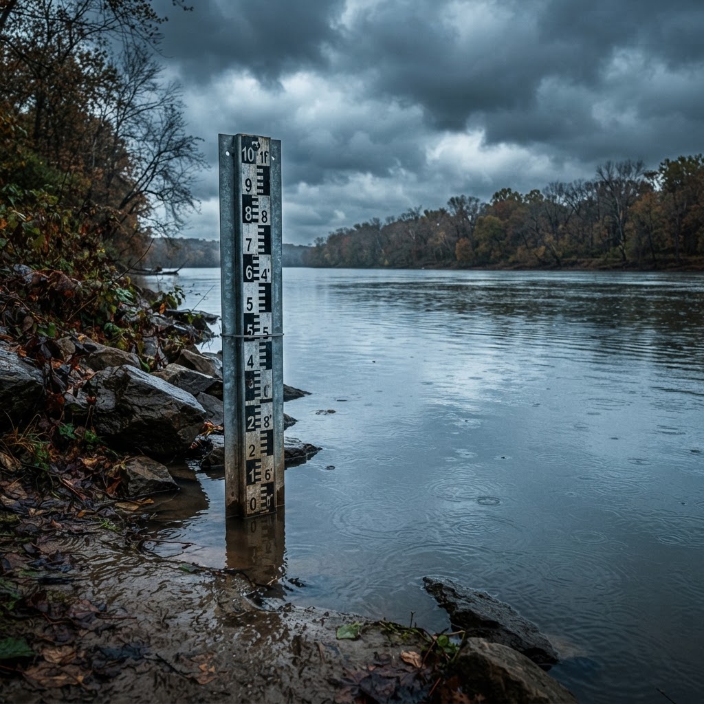 Abstract editorial illustration for: Ohio River Valley Sees Up to 5 Inches of Rain; Rivers Remain Stable