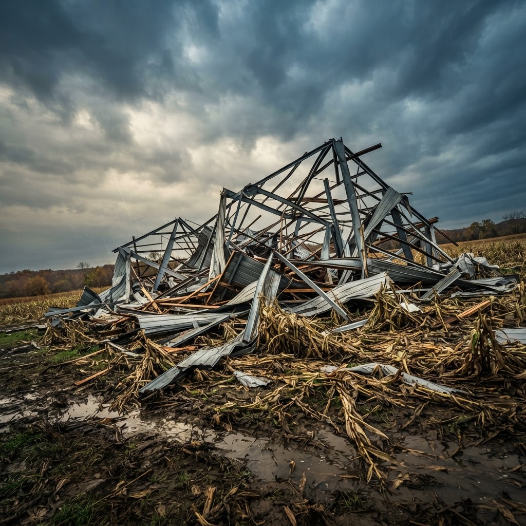 Abstract editorial illustration for: Seneca County Hit by EF2 and EF1 Tornadoes Wednesday