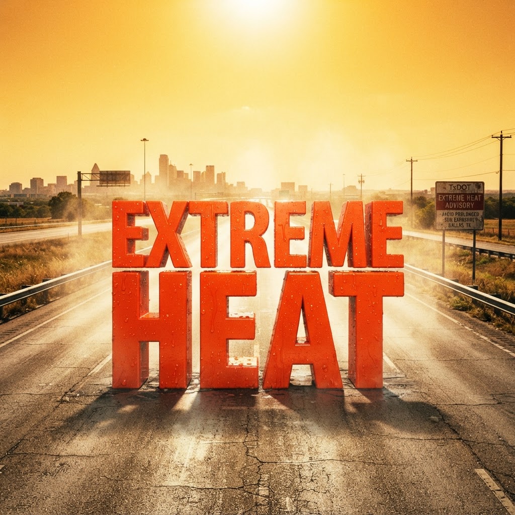 Weather title card: Texas Weather: 99-Degree Heat Hits I-35 for Labor Day Weekend in Dallas