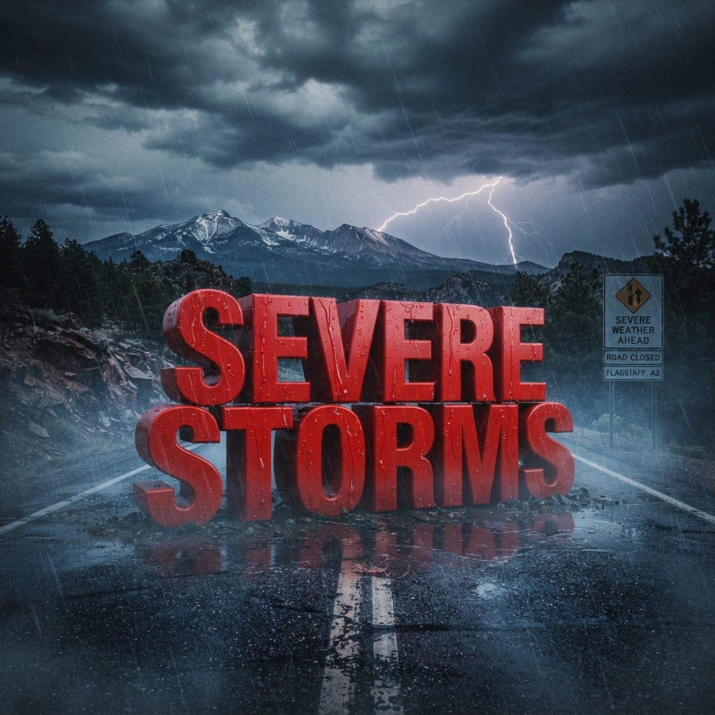 Weather title card: Flagstaff, AZ Weather: Warmth Peaks Tuesday with Chance of Afternoon Storms