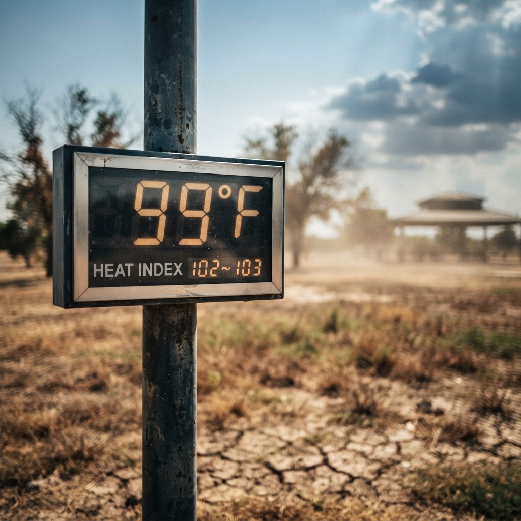 Abstract editorial illustration for: Texas Labor Day Weekend Heat Risks: Triple-Digit Indices and Storms Through Monday