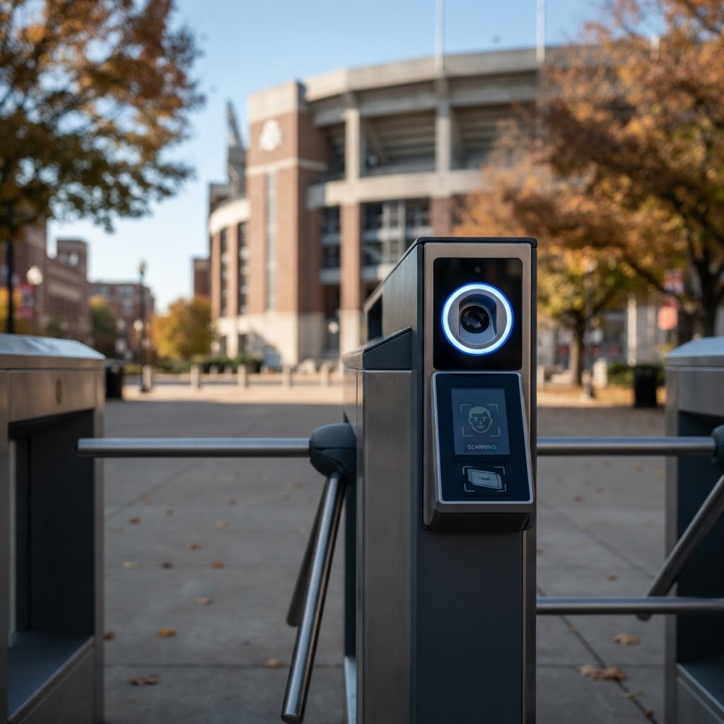 Abstract editorial illustration for: Facial authentication software Express Entry simplifies entry into Ohio Stadium