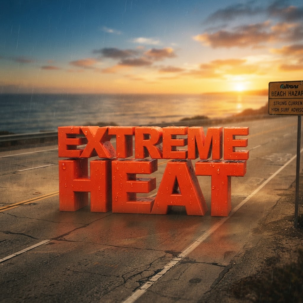 Weather title card: San Diego, CA Weather: Labor Day Heat Near I-5 Brings Beach Hazards