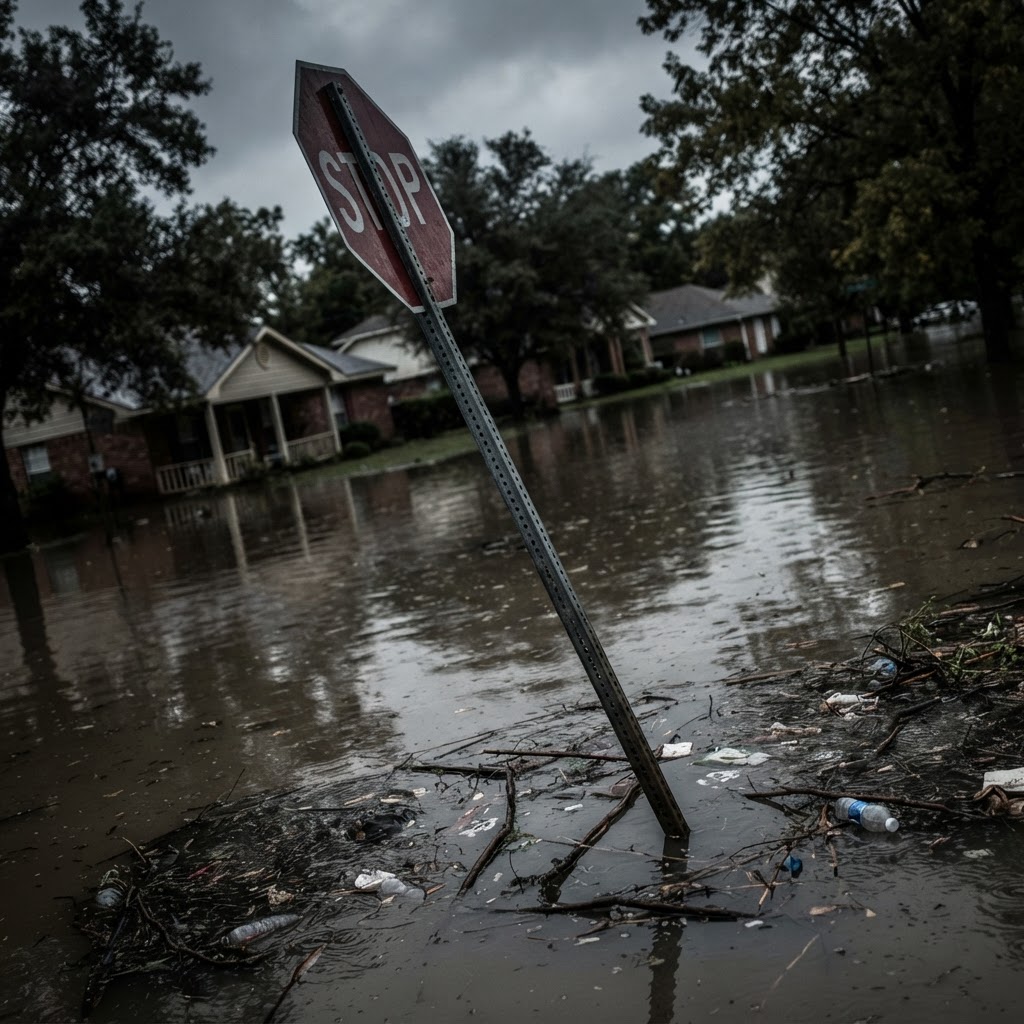 Abstract editorial illustration for: Edouard descarga un golpe desproporcionado de inundaciones repentinas sobre el este de Texas