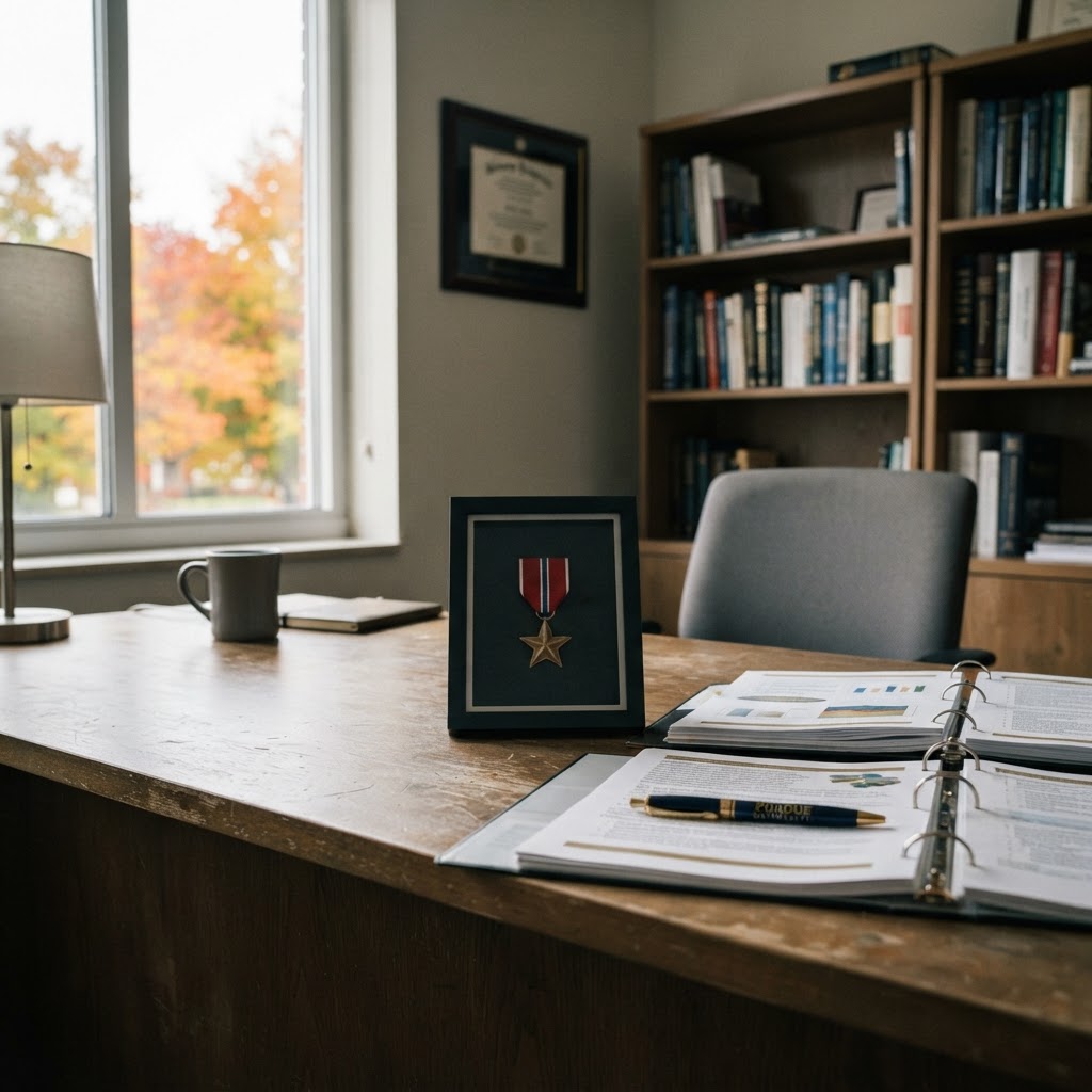 Abstract editorial illustration for: Purdue’s leader of military education is nominated for HigherEdMilitary Spotlight Award