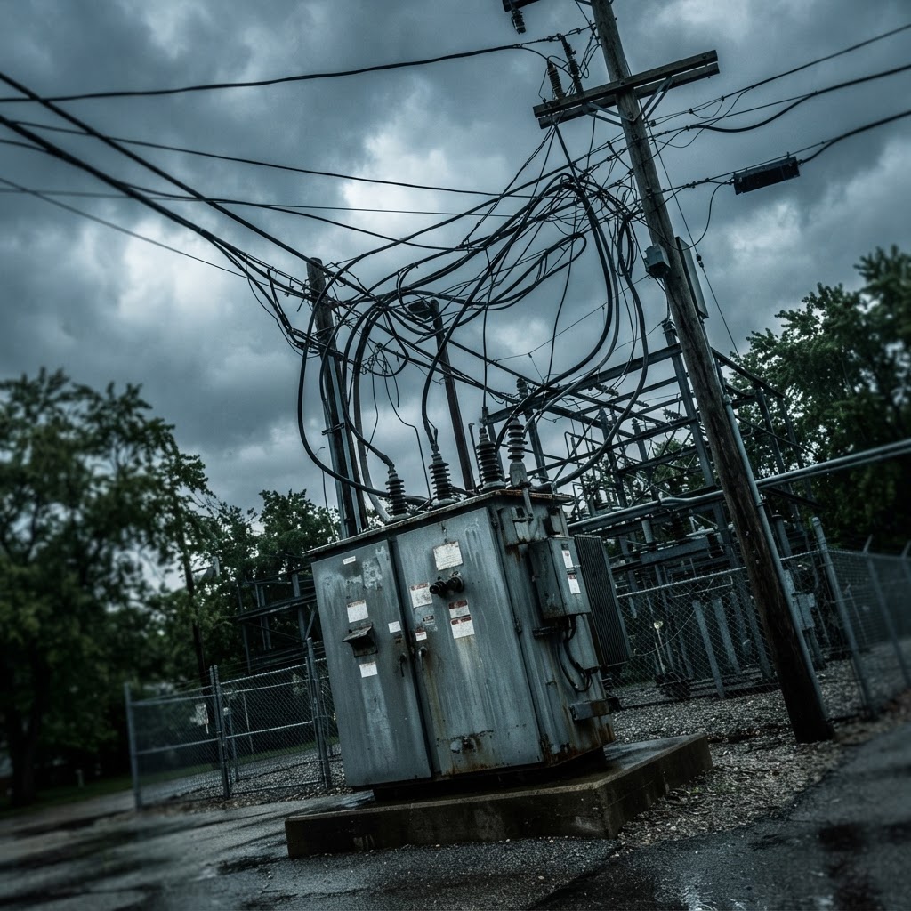 Abstract editorial illustration for: Geneva Weather: Power Restored Following Storms on Friday