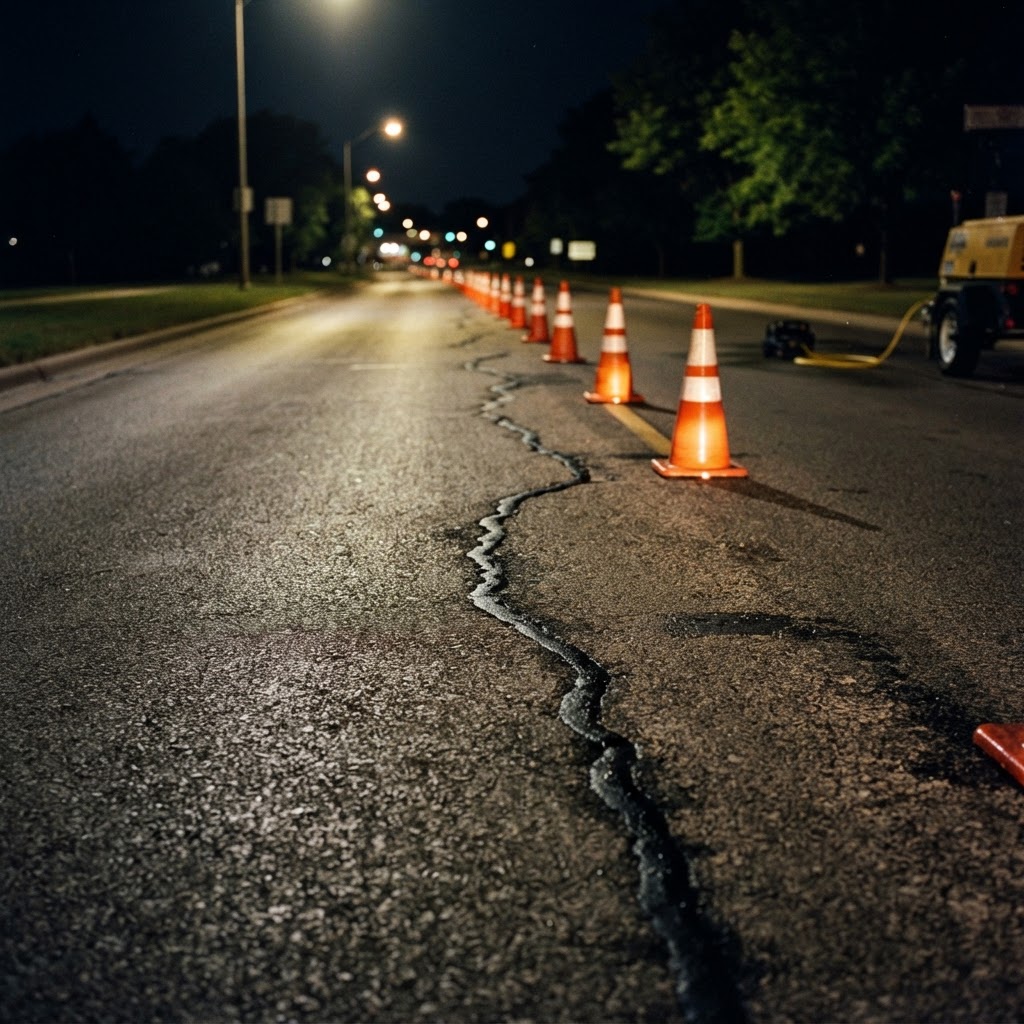 Abstract editorial illustration for: Overnight Road Maintenance Scheduled for Kane County Arterials