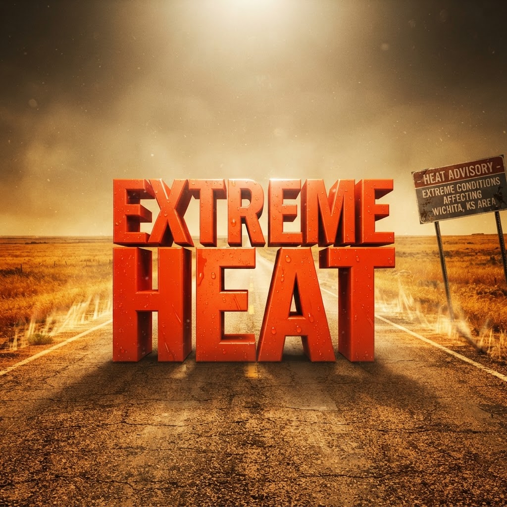 Weather title card: Wichita, KS Weather: Heat Advisory Extends Through Tuesday Sept 8th
