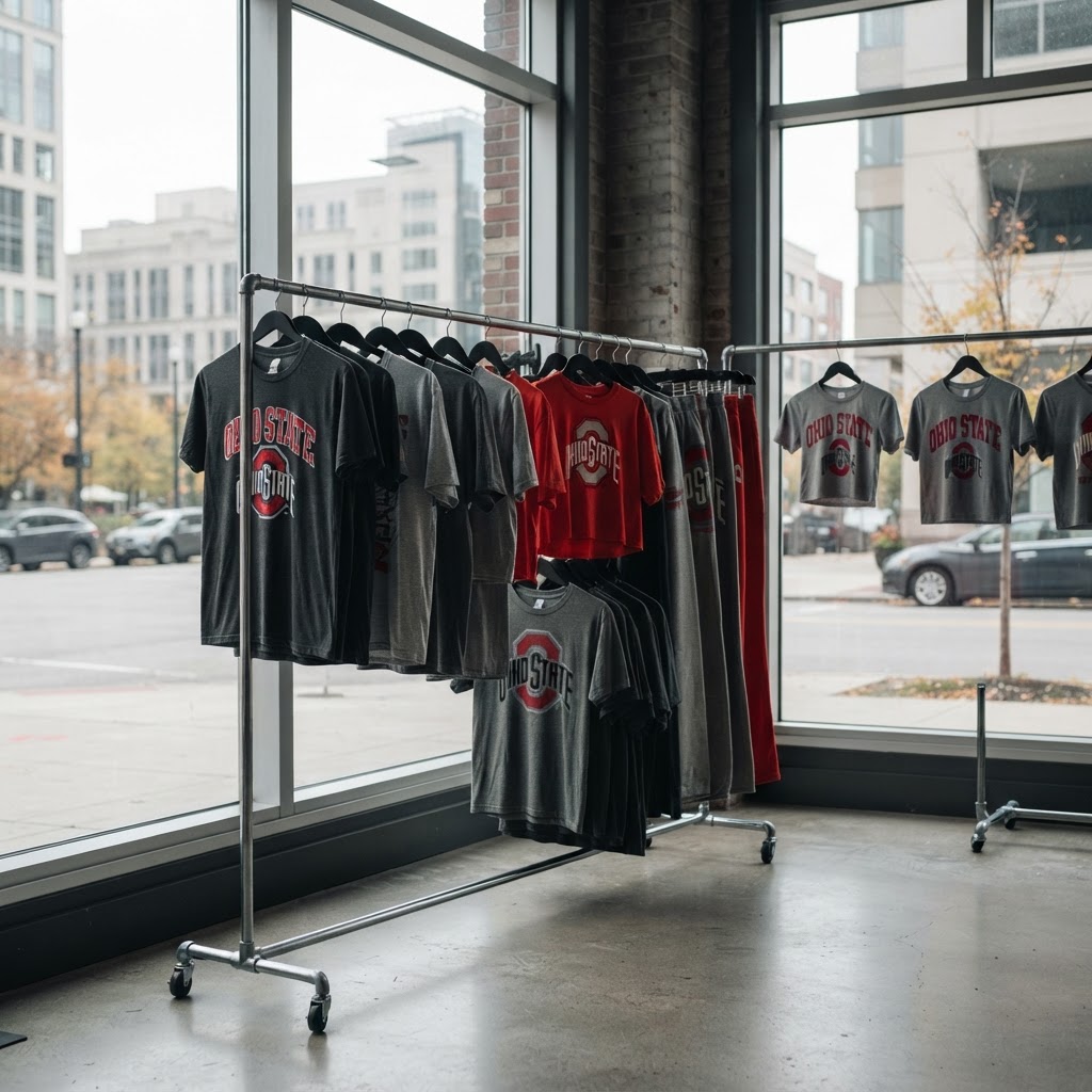 Abstract editorial illustration for: Ohio State retailers prepare for game day fashion rush as football season commences