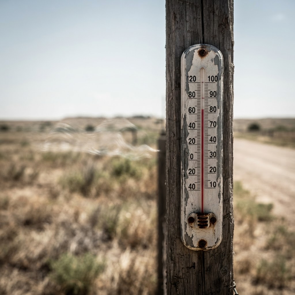 Abstract editorial illustration for: Dodge City Faces 10 Days of Unseasonable Heat Through Mid-September