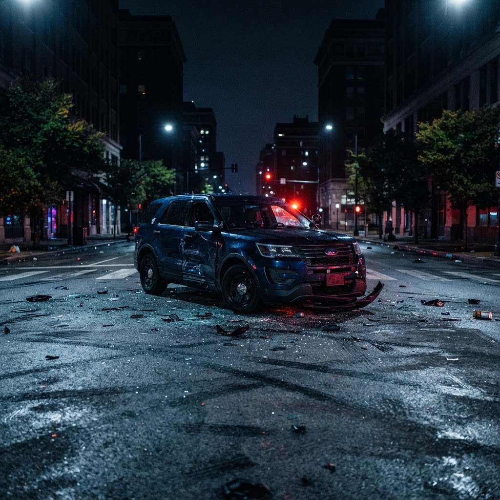 Abstract editorial illustration for: St. Louis Police Report Street Takeovers and Officer Injury