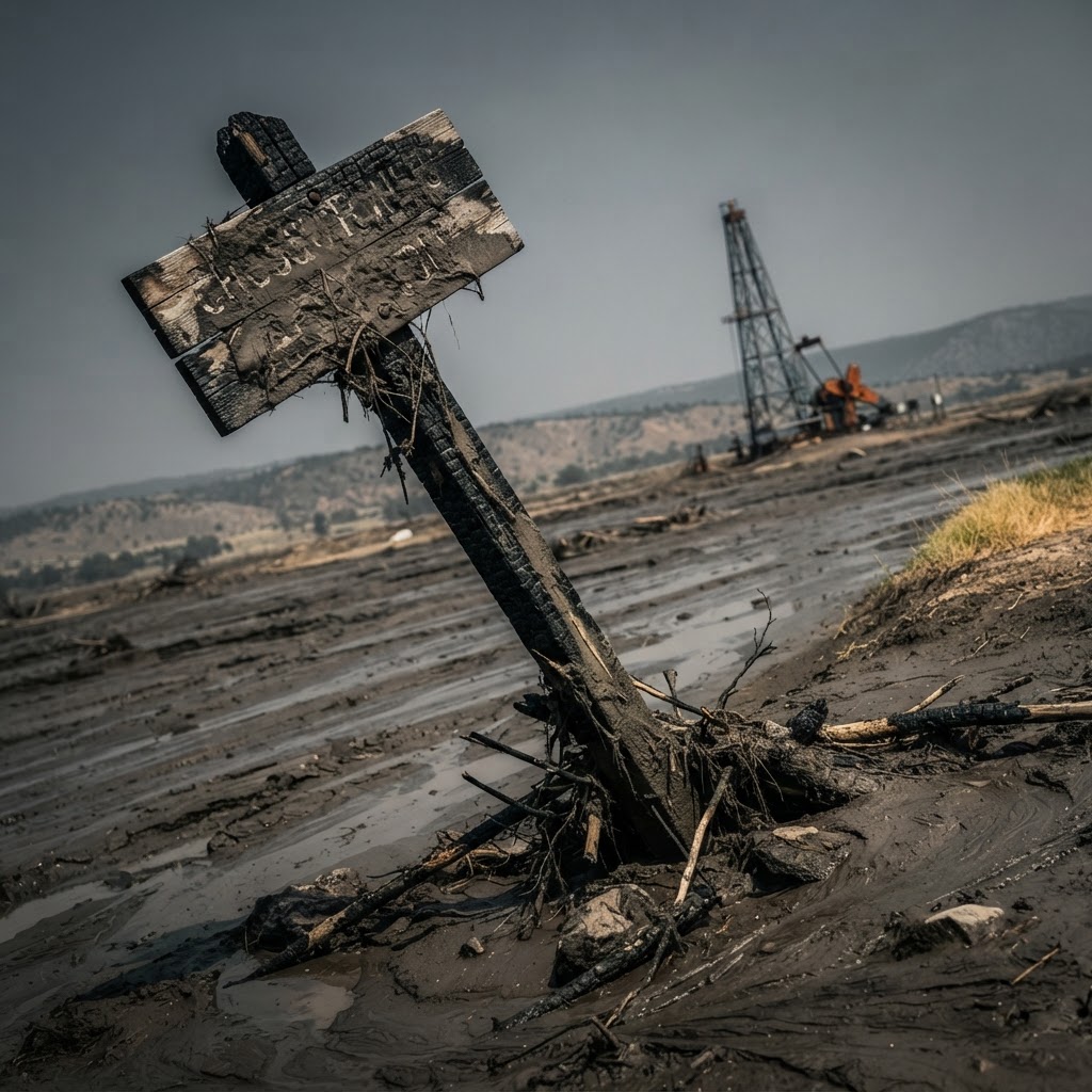 Abstract editorial illustration for: New Mexico’s rising climate-disaster costs are being paid by oil and gas revenue