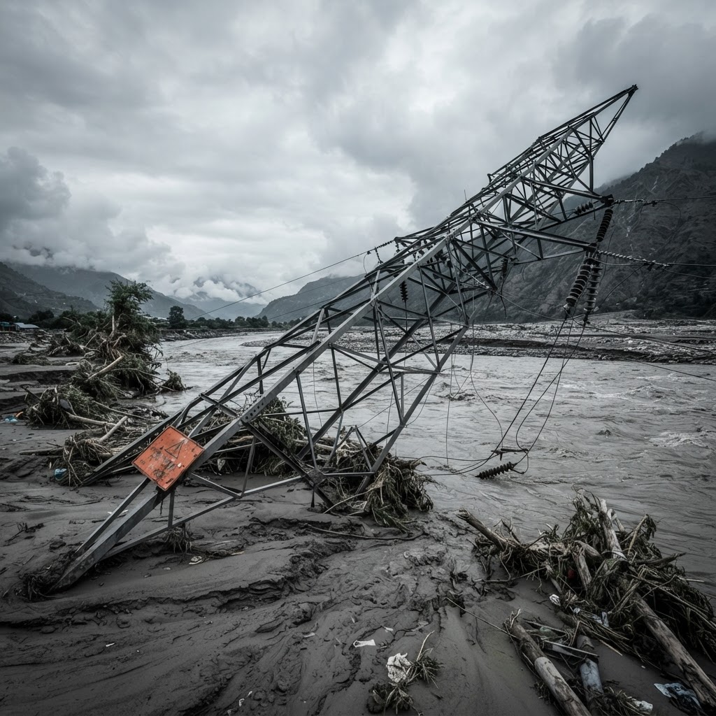 Abstract editorial illustration for: Nepal’s flood disaster puts its hydropower-first strategy, exports to the test