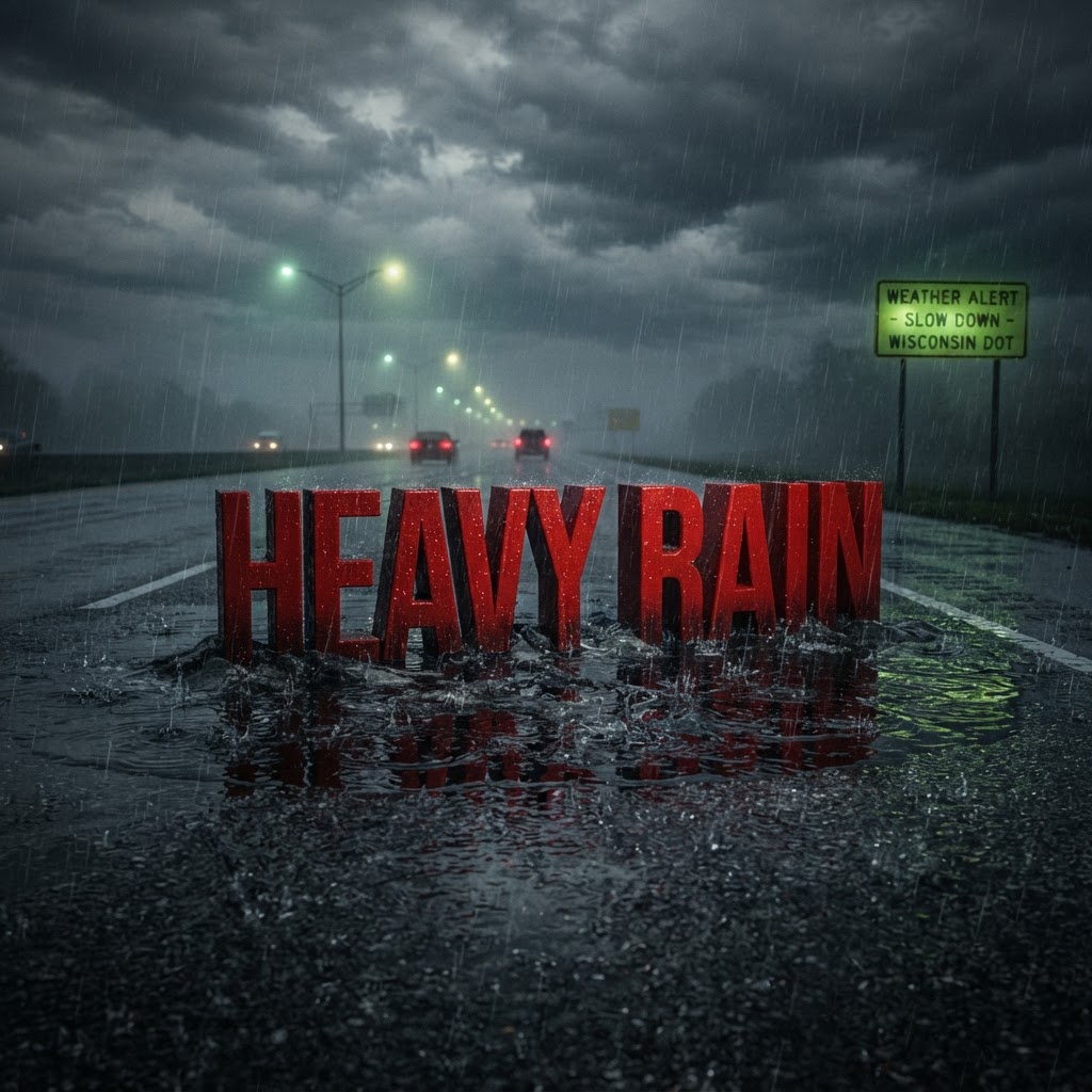 Weather title card: Green Bay, WI Weather: Rain and Storms Possible Tuesday in Northeast Wisconsin