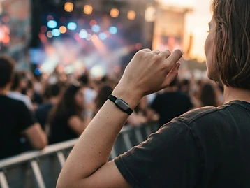 Annoying Bracelet on a wrist against the festival rail