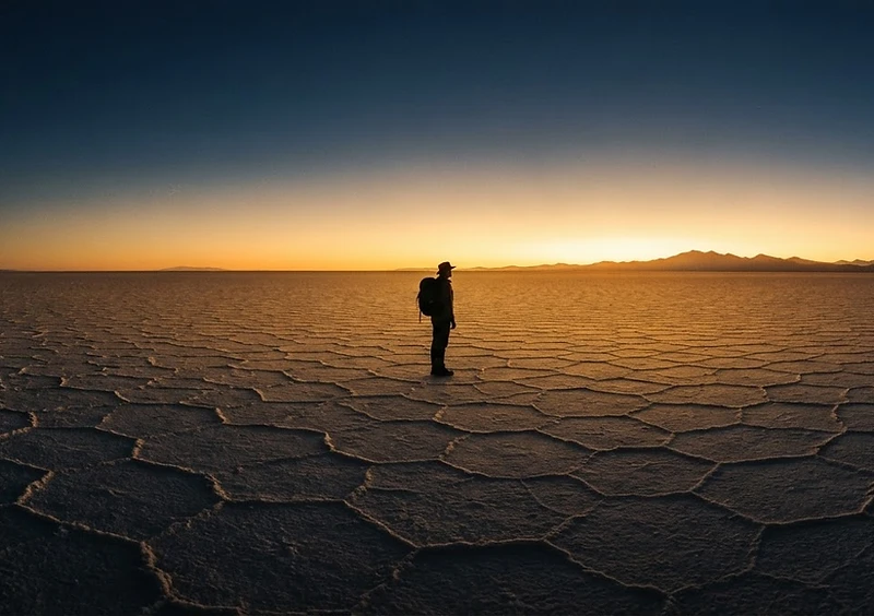 A lone traveler on a vast salt flat beneath a golden horizon at dusk
