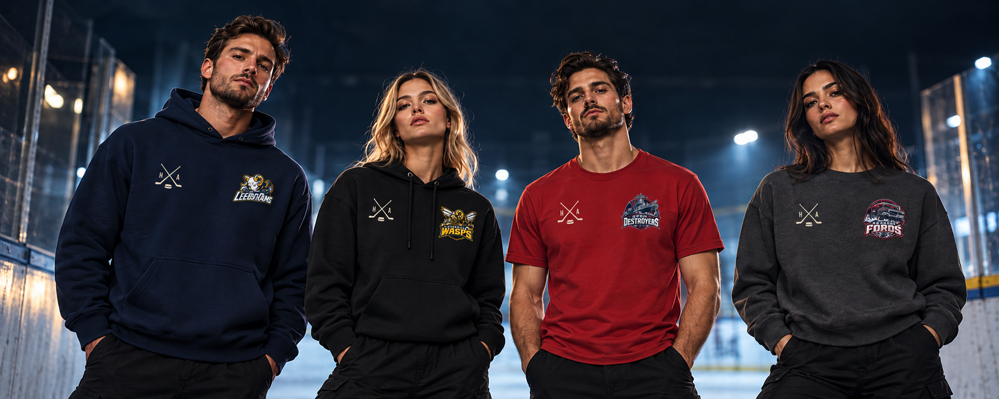 Four custom Hard Around club wear looks featuring unique team emblems