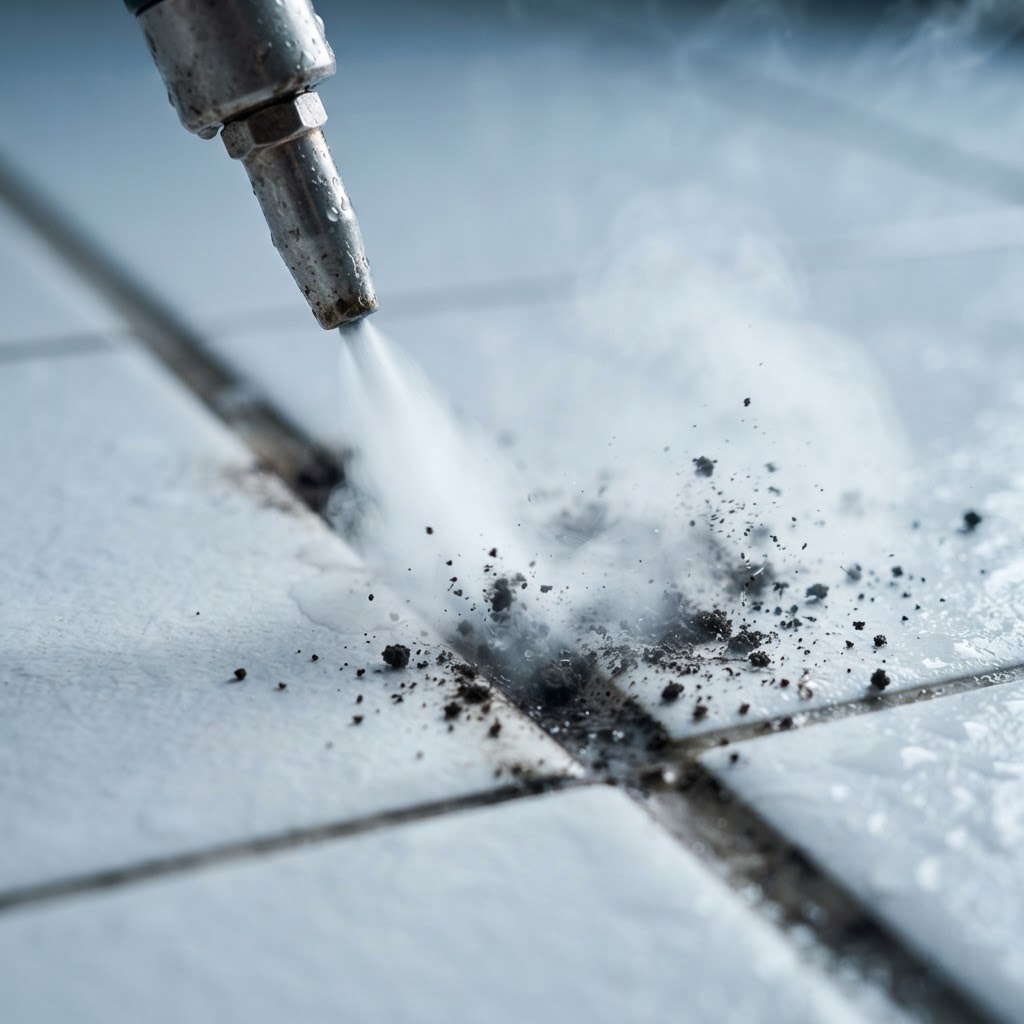 High-pressure steam jet lifting soil from white tile grout