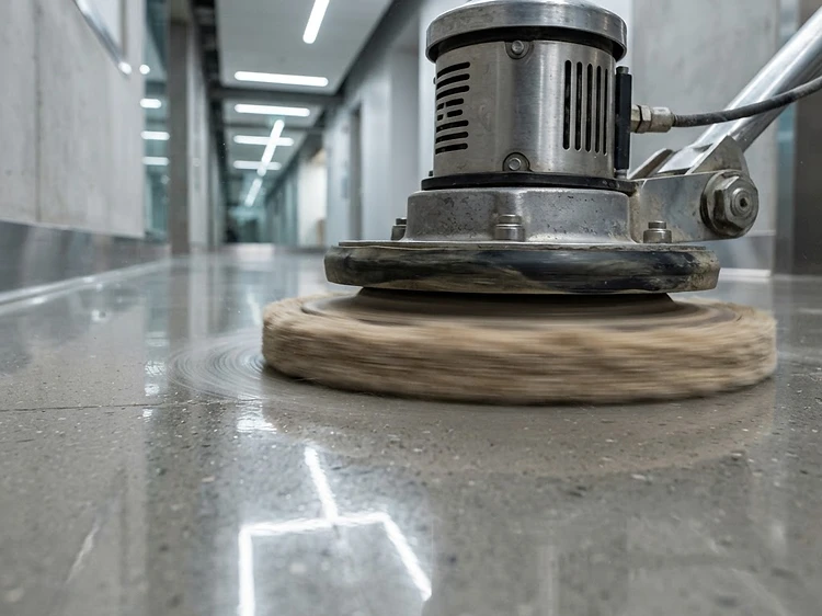 Propane burnisher restoring clarity to a polished commercial floor