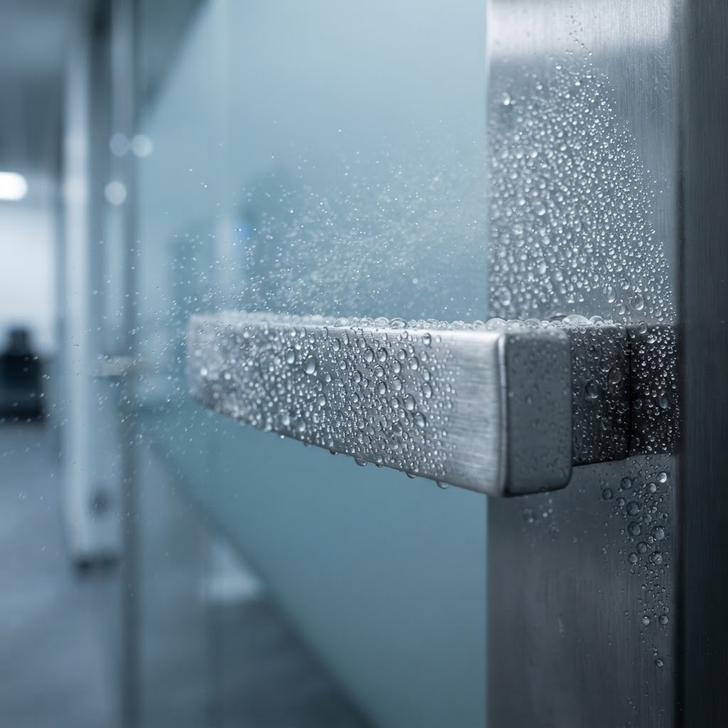 Atomized disinfectant settling on a brushed stainless steel door handle