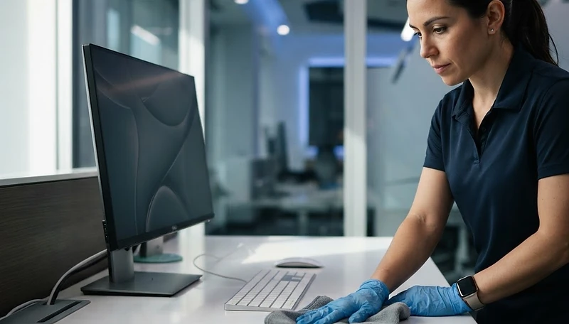 Technician sanitizing a modern office workstation with microfiber cloth