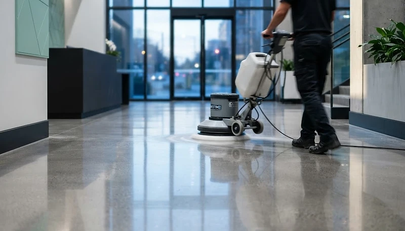 Professional commercial cleaning crew burnishing a polished lobby floor