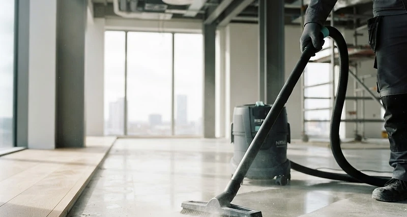 HEPA vacuum crew removing construction dust from a newly built interior