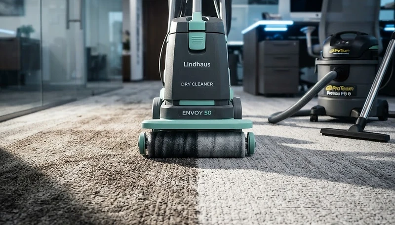 Low-moisture encapsulation machine cleaning commercial office carpet