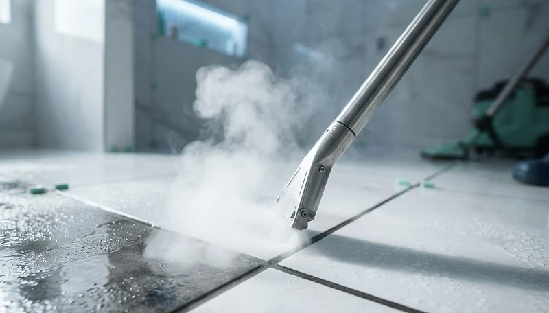 Steam extractor wand cleaning tile and grout with a clean steam plume