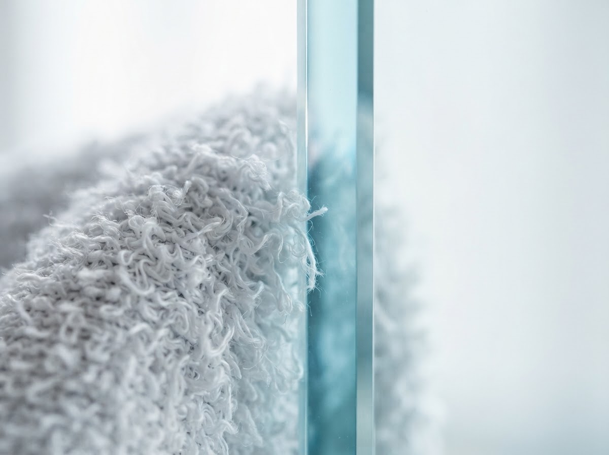Color-coded microfiber cloth detail on a commercial surface