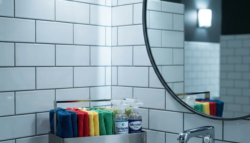 Deep-cleaned commercial restroom with gleaming chrome fixtures and spotless tile