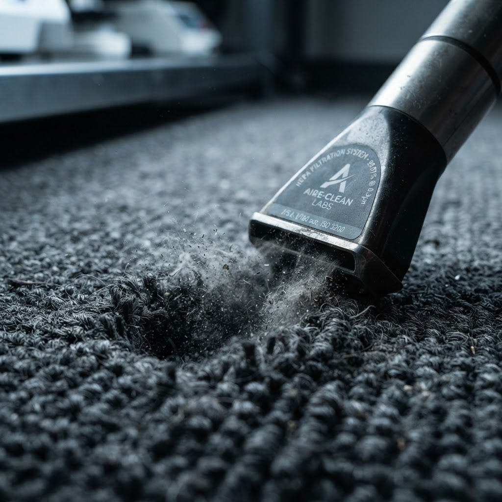 HEPA vacuum nozzle extracting fine dust from commercial carpet fibers