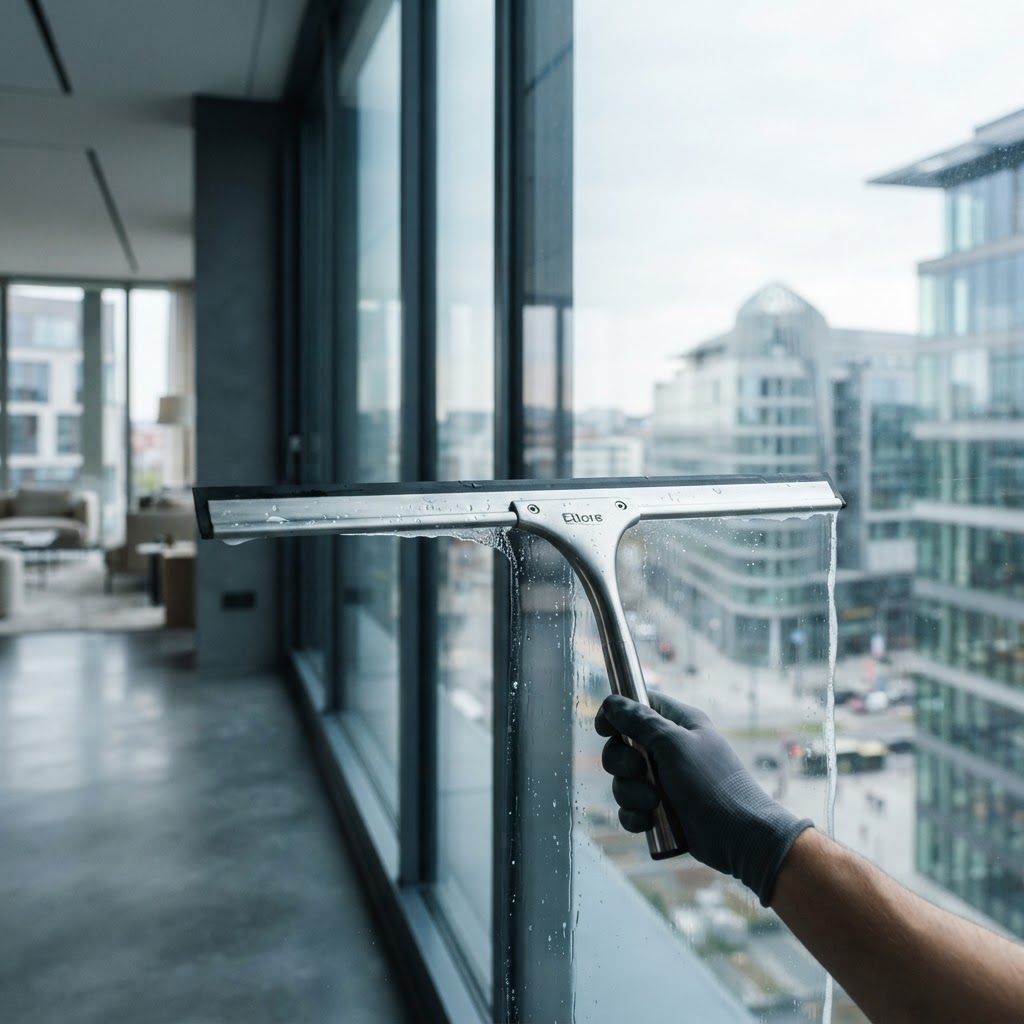 Squeegee blade sheeting water down a floor-to-ceiling commercial pane