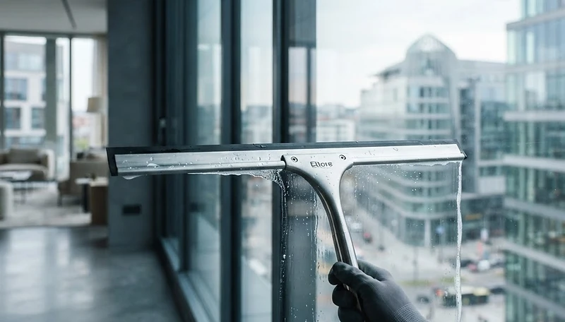 Professional squeegee cleaning a floor-to-ceiling commercial window