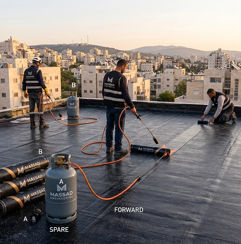 שני פועלי מסד איטום והנדסה מתקינים יריעות ביטומניות על גג מצופה פריימר שחור, עם ציוד ממותג MASSAD ENGINEERING