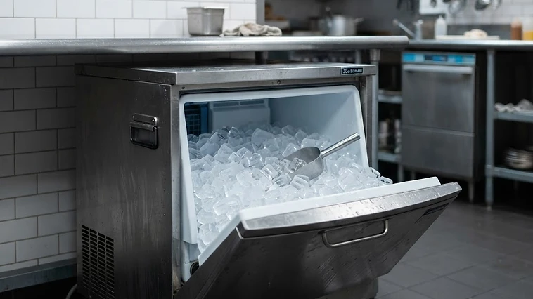Stainless steel commercial ice machine producing cube ice in a restaurant kitchen