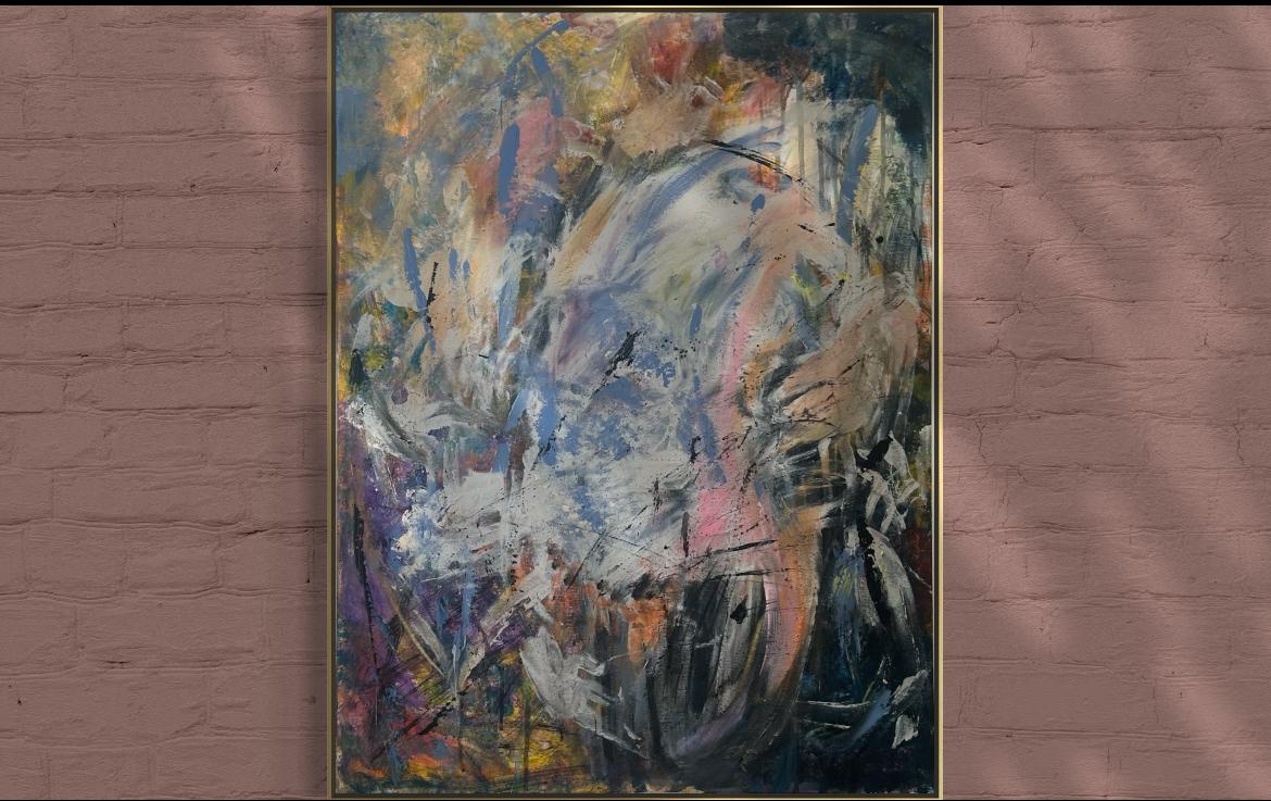 Squidbug — abstrakt-expressive Malerei in Blau, Weiss, Rosa und Ocker mit gestischen Spuren