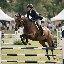Show day. Mid-air over the striped oxer.