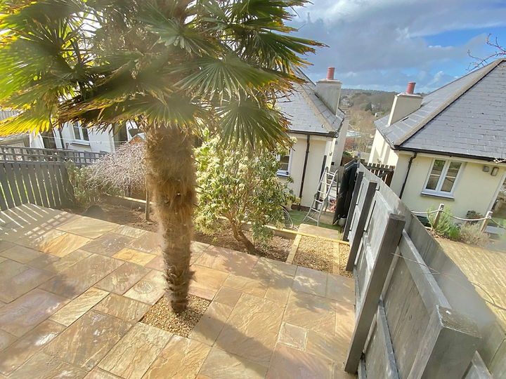 Natural stone patio with feature palm tree