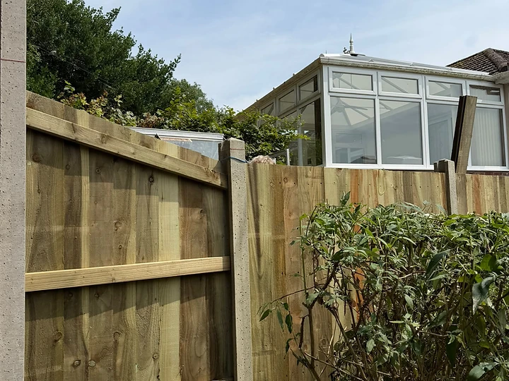 Pressure-treated lap fencing with concrete posts beside a conservatory