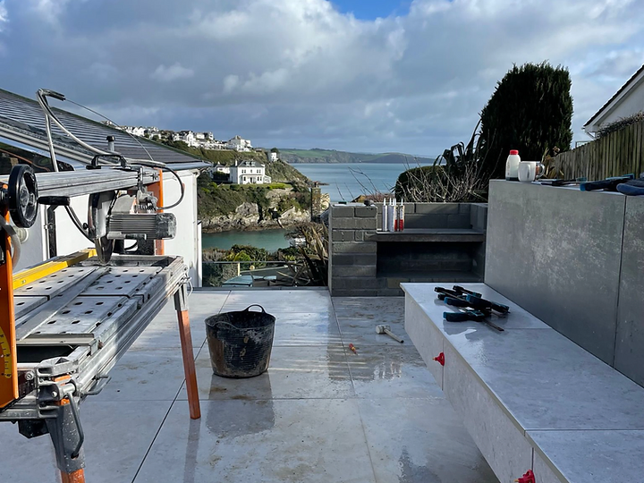 Patio installation with Cornish coastal view