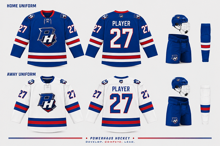 Powerhaus Hockey home and away uniform kits — jerseys, helmets, shorts, and socks with the PH crest