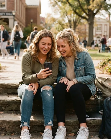 Two friends laughing at a reply from Emily on a phone