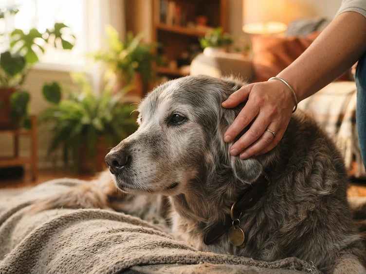 Senior dog being gently petted
